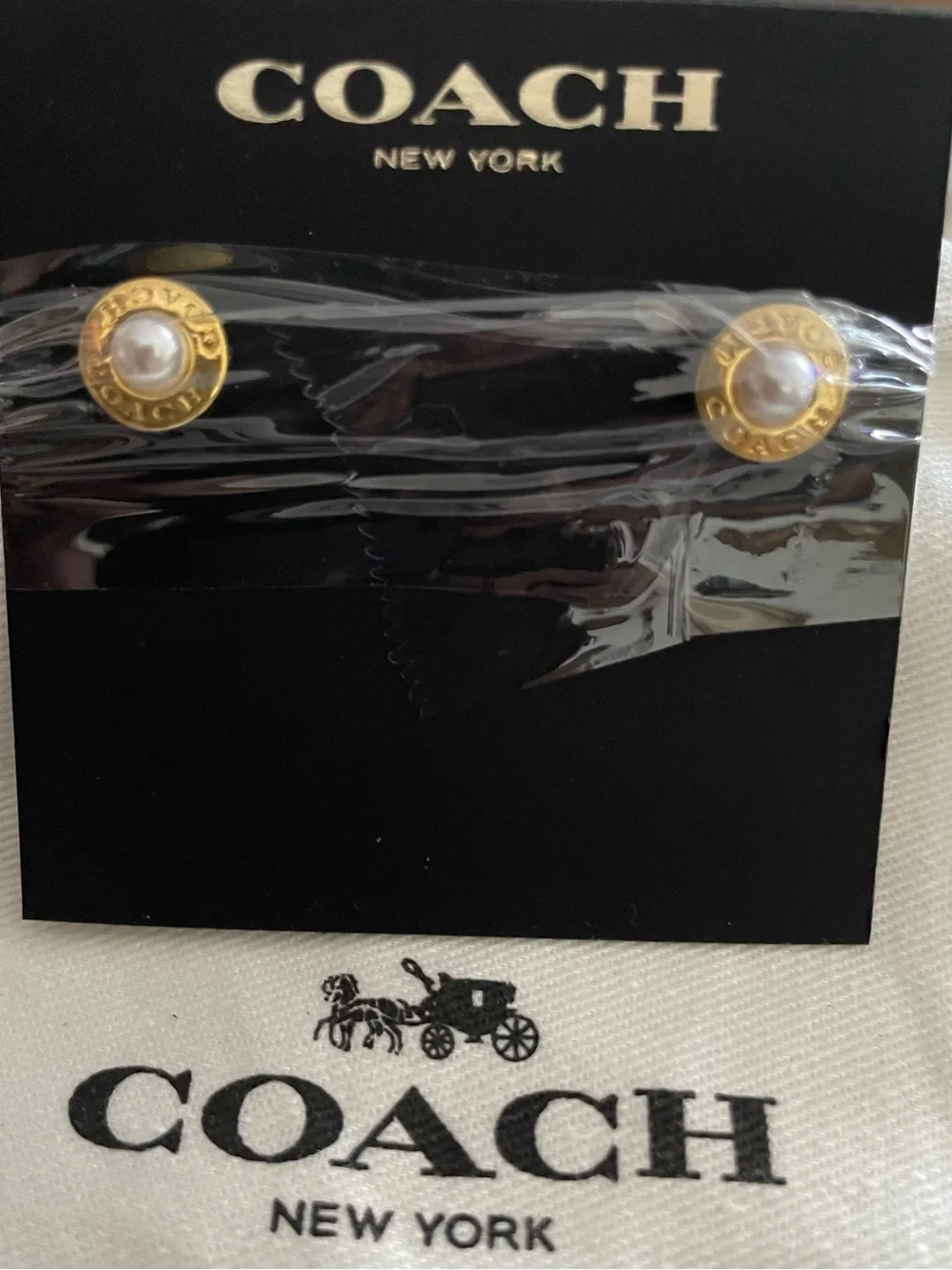 COACH Gold and Pearl Logo Round Stud Earrings - Picture 2 of 3